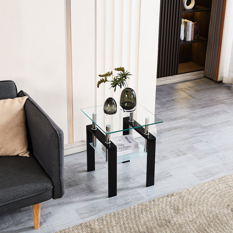 Table d'appoint en verre trempé à 2 couches avec rangement - pour le salon, la chambre à coucher, le bureau, l'espace compact et transparent pour les petits espaces