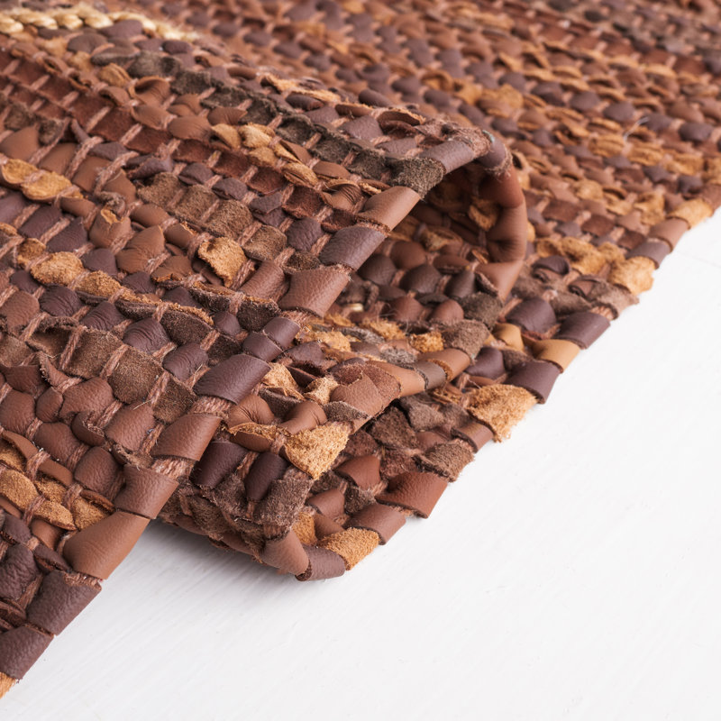 Brown and Natural 6' x 6' Square Leather Geometric Rug