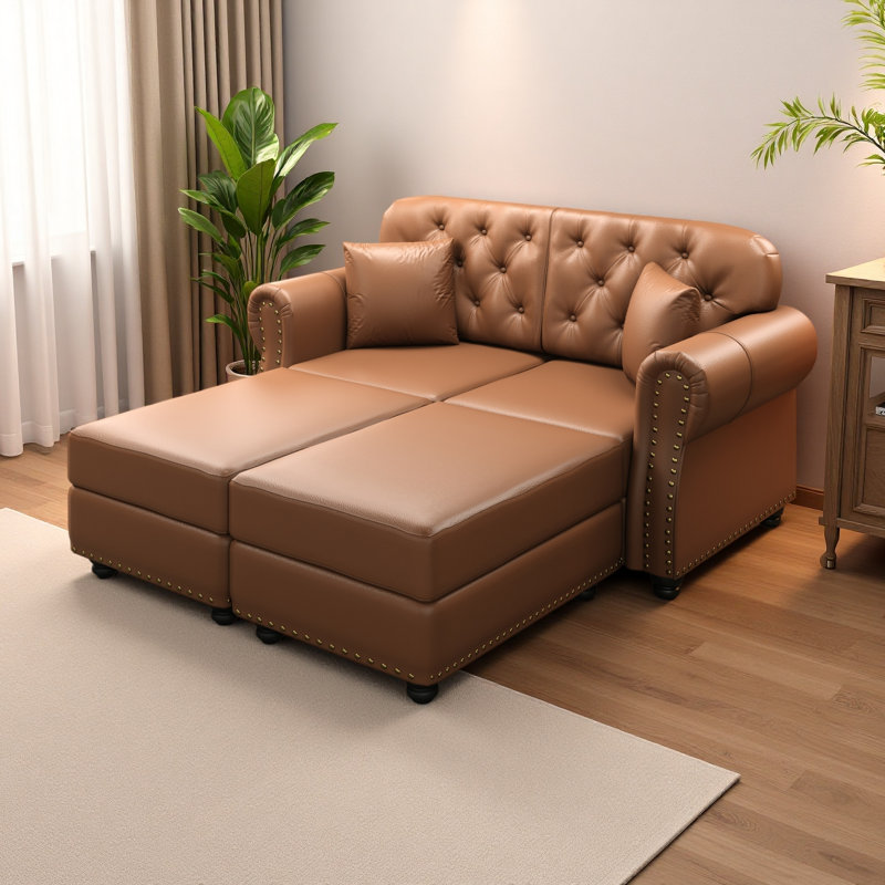 Canapé Chesterfield de 63 po avec garniture cloutée et accoudoirs roulés, Noir