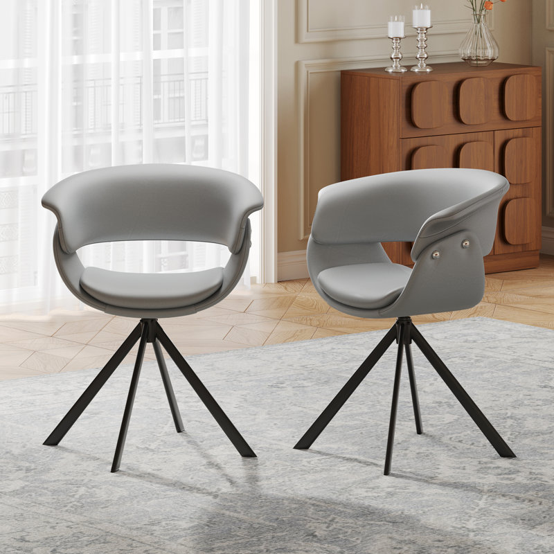 Chaise pivotante moderne avec accoudoirs, similicuir gris, pieds en acier inoxydable noir, pour la salle à manger et le bureau