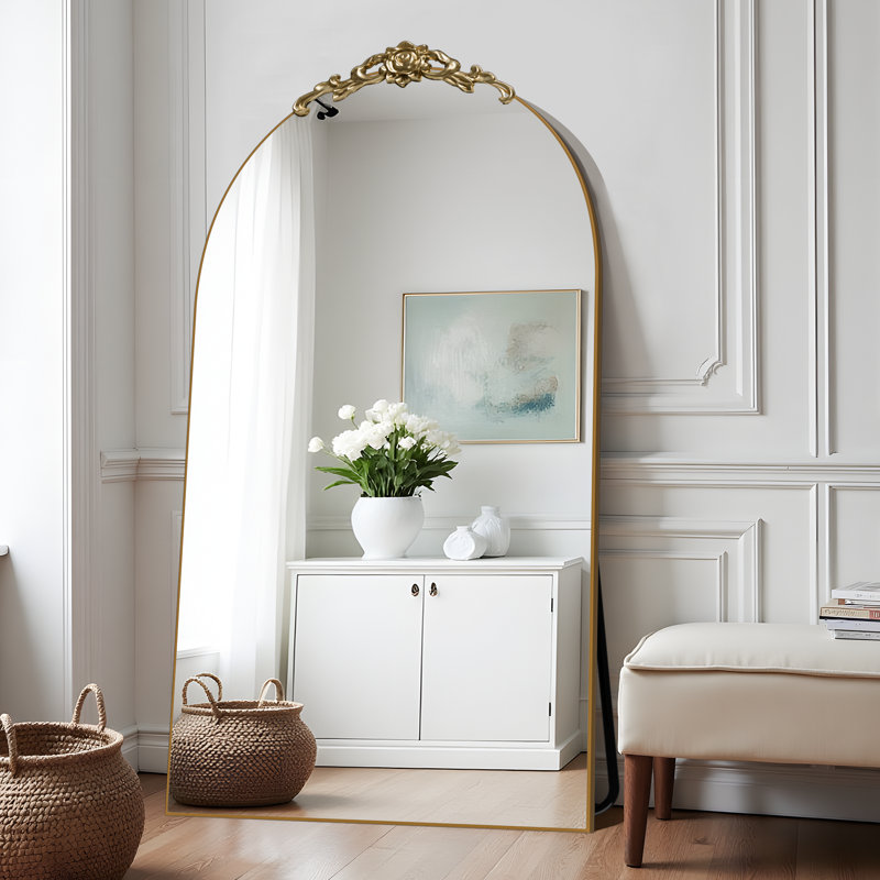 Arch Wood Full Length Mirror with Carved Design