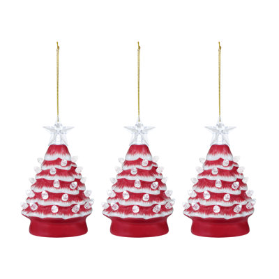 Ensemble de 5 ornements d'arbre en céramique nostalgique rouge 5 po avec ampoules blanches 5 po