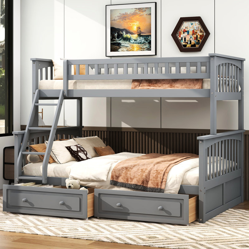 Lit simple convertible gris sur lit double avec tiroirs, lit superposé, bois de pin et cadre pour la longévité, garde-corps sécuritaire, sécurité de mission