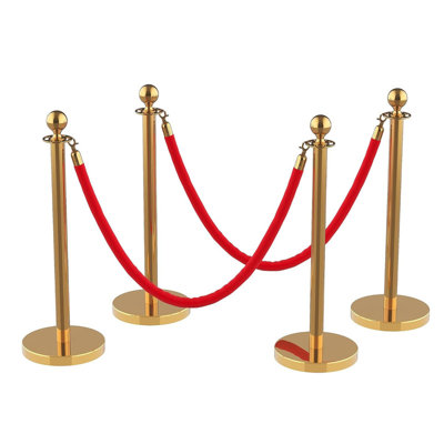 4-Pack Sturdy Gold Stanchion Posts, 2Pcs 5FT Red Velvet Ropes, Retractable Crowd Control Barriers, Sand-Fillable Base, Zinc-Alloy Ball Top for Weddings, Museums, Parties