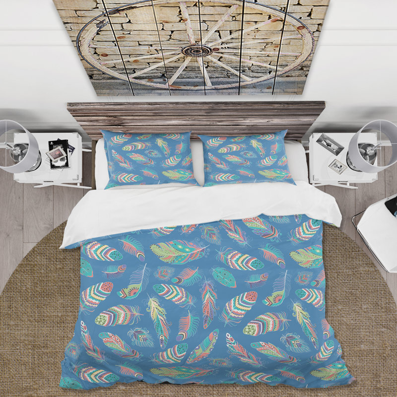 Ensemble de housse de couette bohémien Blue Hippie Boho Feathers - Microfibre polyester, Bleu