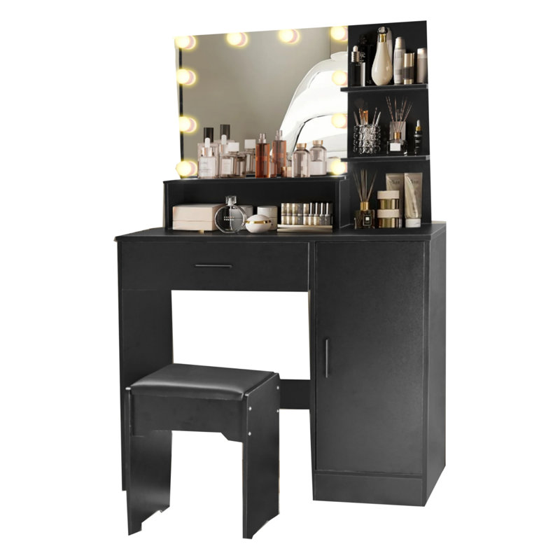 Commode avec tiroirs, rangement, 3 couleurs de lumière réglables, tablettes ouvertes, miroir et lumière, Noir