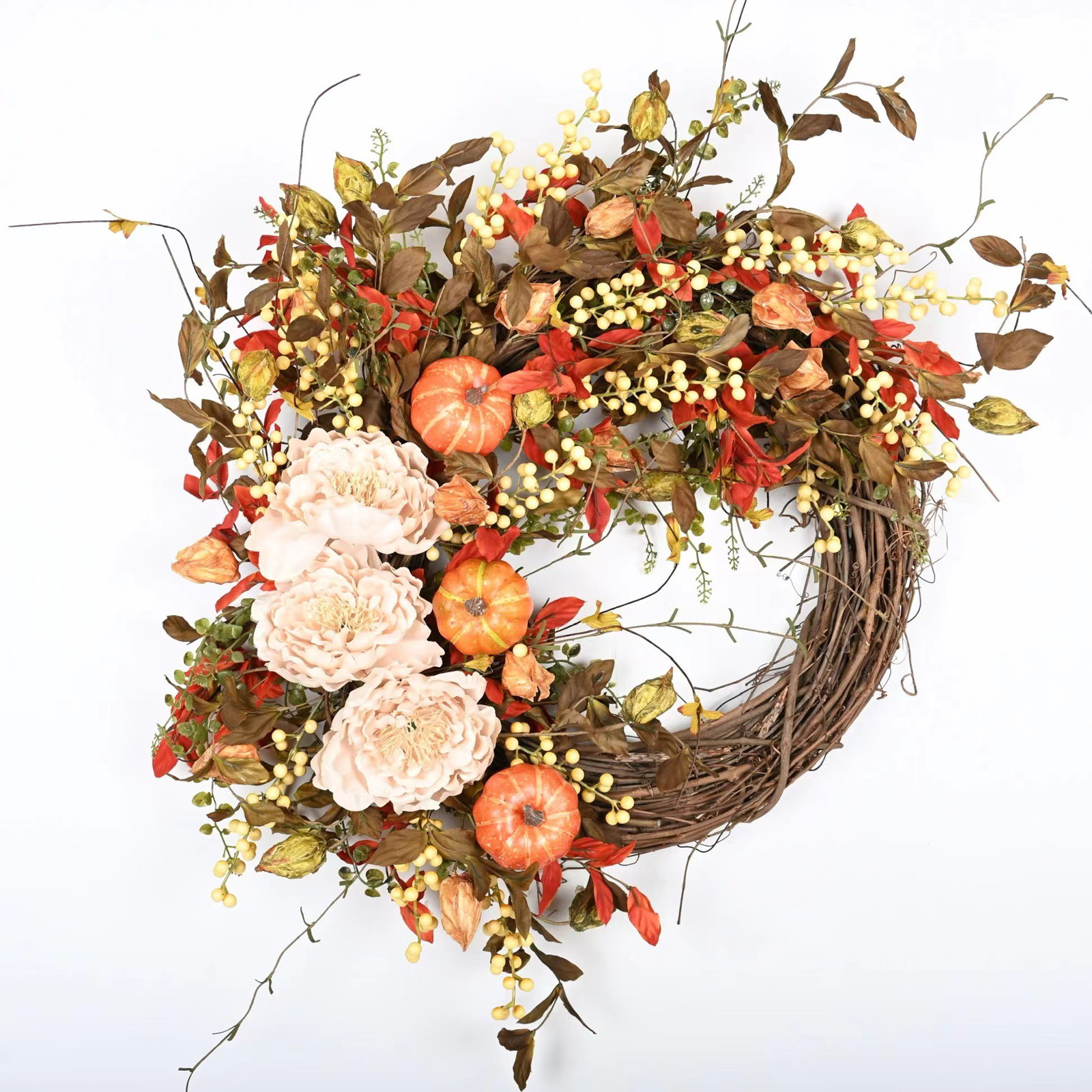 26" Faux Fall Thanksgiving Day Pumpkin Peony Floral Wreath for Front Door, White/Orange