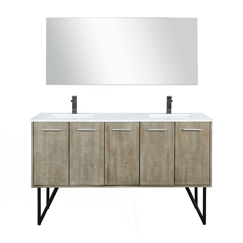 60 po X P 20 po D Ensemble de meuble-lavabo double rustique avec comptoir en quartz blanc, robinet en métal Miroir