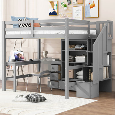 Lit mezzanine double avec bureau en L et tiroirs, armoire et escalier de rangement, gris