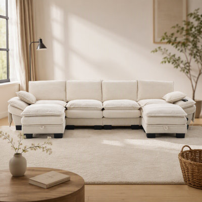Sectional Cloud Modular Sofa with Deep Seat, Dual-Layer Cushioning, Corduroy Upholstery, USB Ports, and Flexible Reconfigurable Layout for Living Room, Apartment, Studio, or Office.