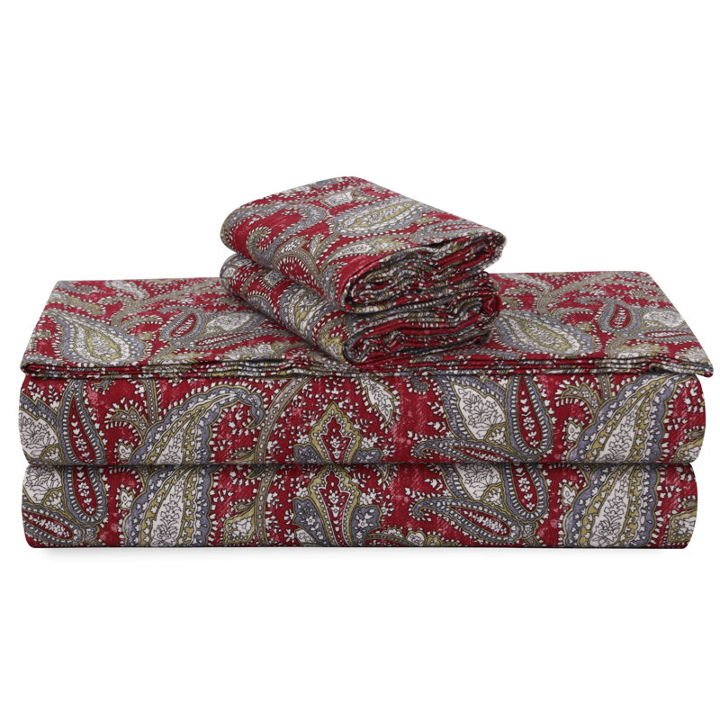 Flannel Paisley Sheet Set, Split King Sheet Set with 3 Additional Pieces, White/Green/Red Paisley