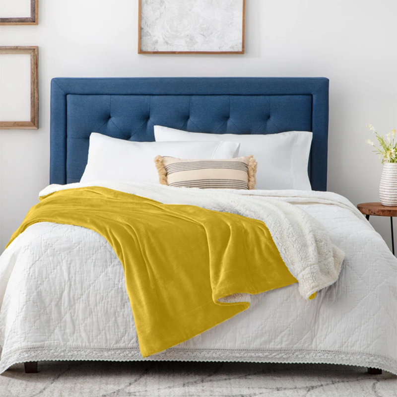 Reversible Soft Sherpa Fleece Fur Thick Dual Sided Blanket Throw, Yellow, 200cm x 240cm