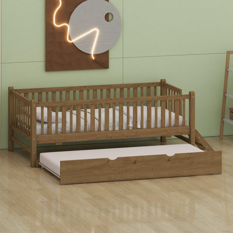 Structure de lit en bois avec barrière de sécurité et lit gigogne, Noyer