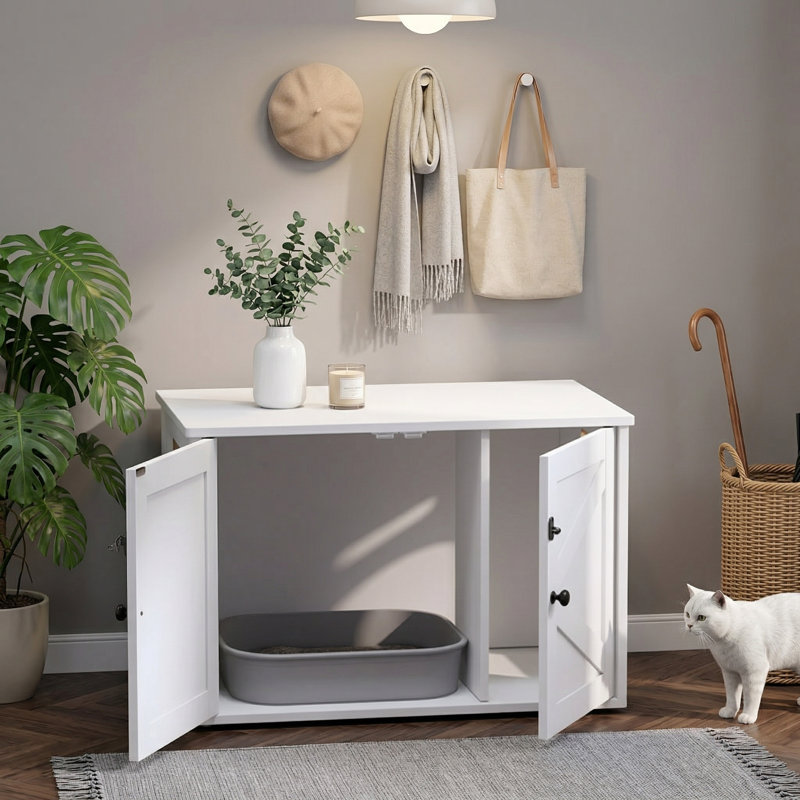 Litière cachée en bois pour chat avec cloison amovible, maison de chat d'intérieur, blanc, Blanc