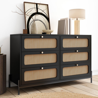 Furnideco 6-Drawer Rattan Dresser – Boho Chest Of Drawers With Solid Wood Legs For Bedroom