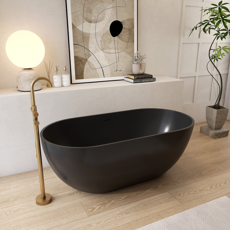 Oval Solid Surface Bathtub, Freestanding Soaking Bathtub, Matte Black