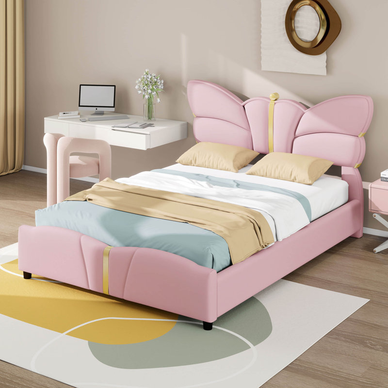 Lit pour grand lit avec tête et pied de lit papillon, lit plateforme tapissier en similicuir avec décor en métal doré