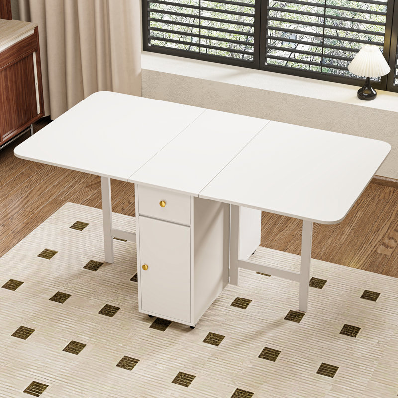 Table de salle à manger extensible pour 2 à 6 personnes avec rangement, table de cuisine pliante en bois peu encombrante de 12 po à 59 po de largeur, îlot de cuisine en bois mobile moderne avec roulettes et abattants pour la cuisine et la salle à manger, blanc