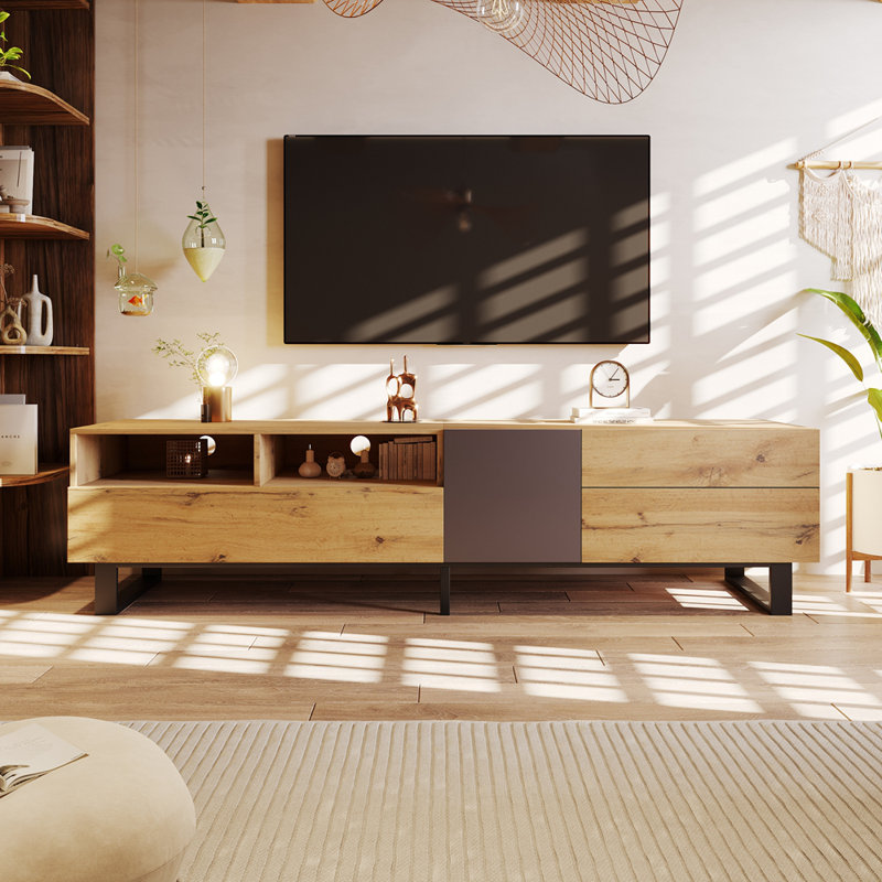 Meuble télé moderne pour téléviseur de 80 po avec espace de rangement double, Wood