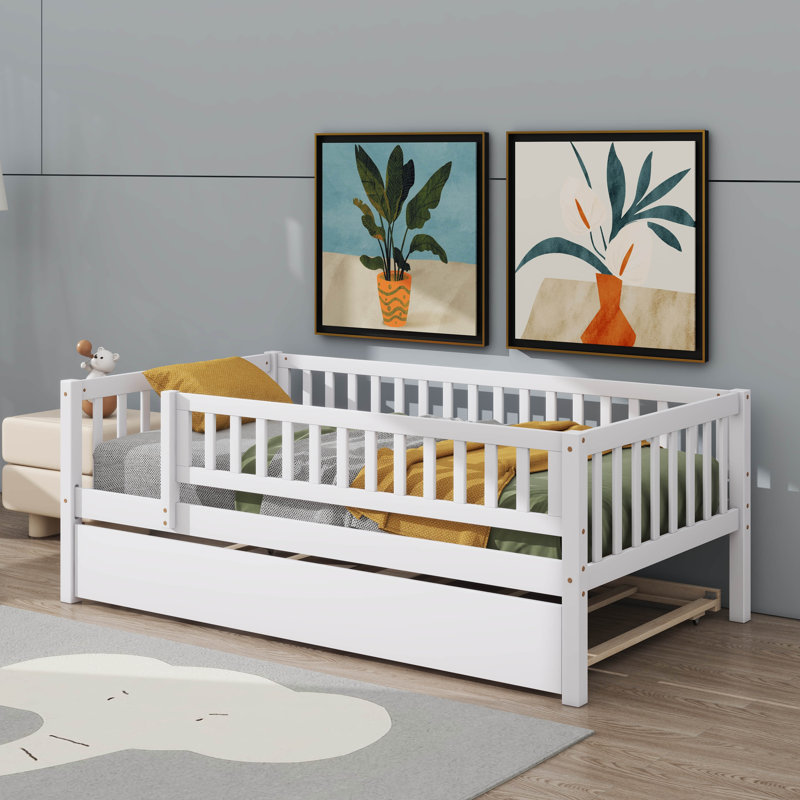 Wooden Daybed With Underbed Trundle And Fence-Style Guardrails, Twin, White
