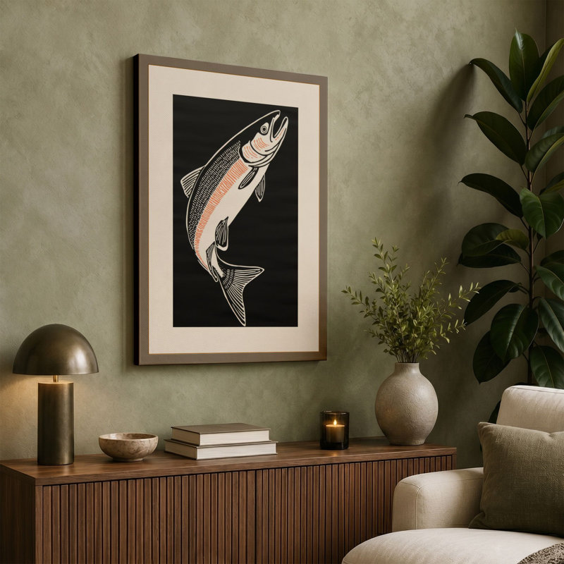 Leaping Salmon Japandi - Wrapped Canvas, 30x20 - 76.2 x 50.8 cm, Black Border