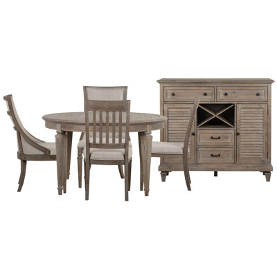 Dariella Extendable Round Dining Table With 2 Side Chairs 2 Arm Chairs And Server