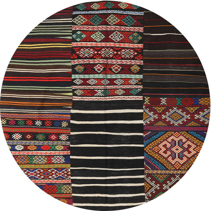 Tapis contemporain rouge / noir / bleu, Rond 3 pi