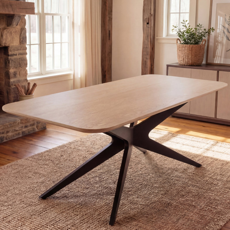 69.3" Rectangle Pedestal Dining Table With Metal Base, Natural Wood