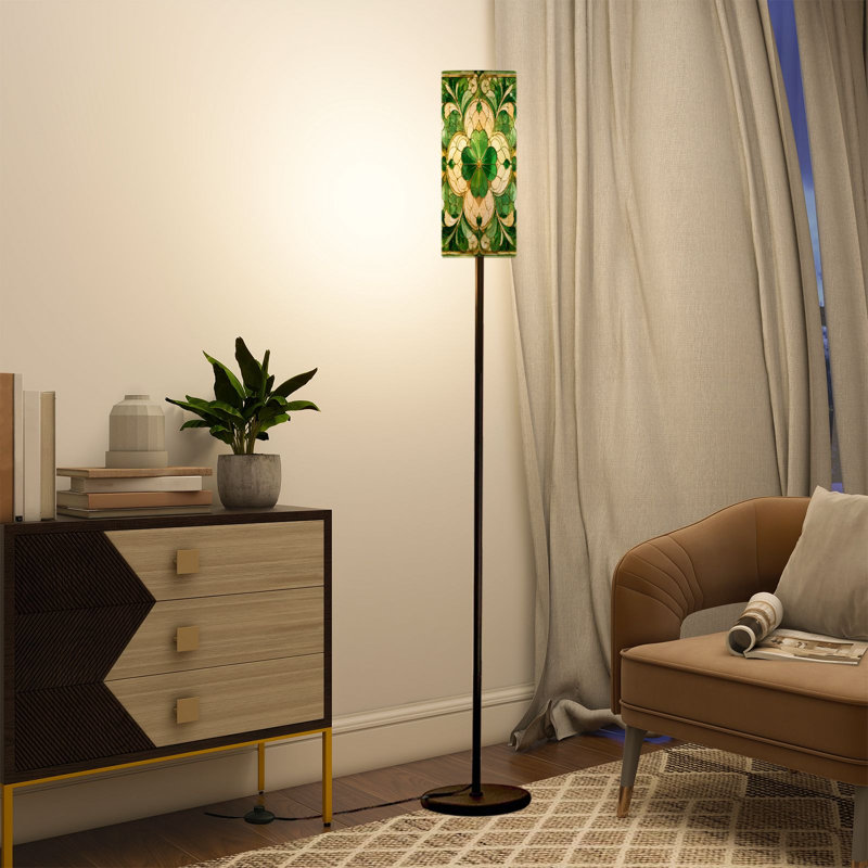 Lampe sur pied moderne avec télécommande à DEL à intensité variable, abat-jour réglable, impression de vitrail vert pour le salon, la chambre et le bureau