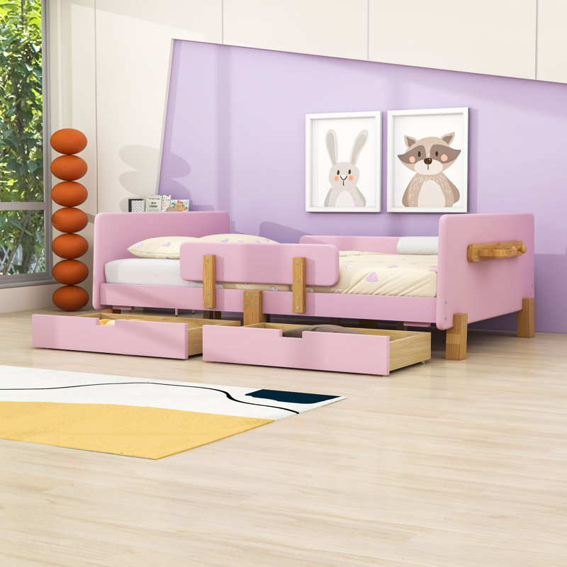 Lit plateforme en bois avec tiroirs de rangement intégrés et dispositifs de sécurité, Full, Rose