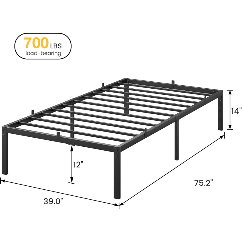 14 Inch Twin Metal Platform Bed Frame with Storage, Steel Slats, 14", Twin