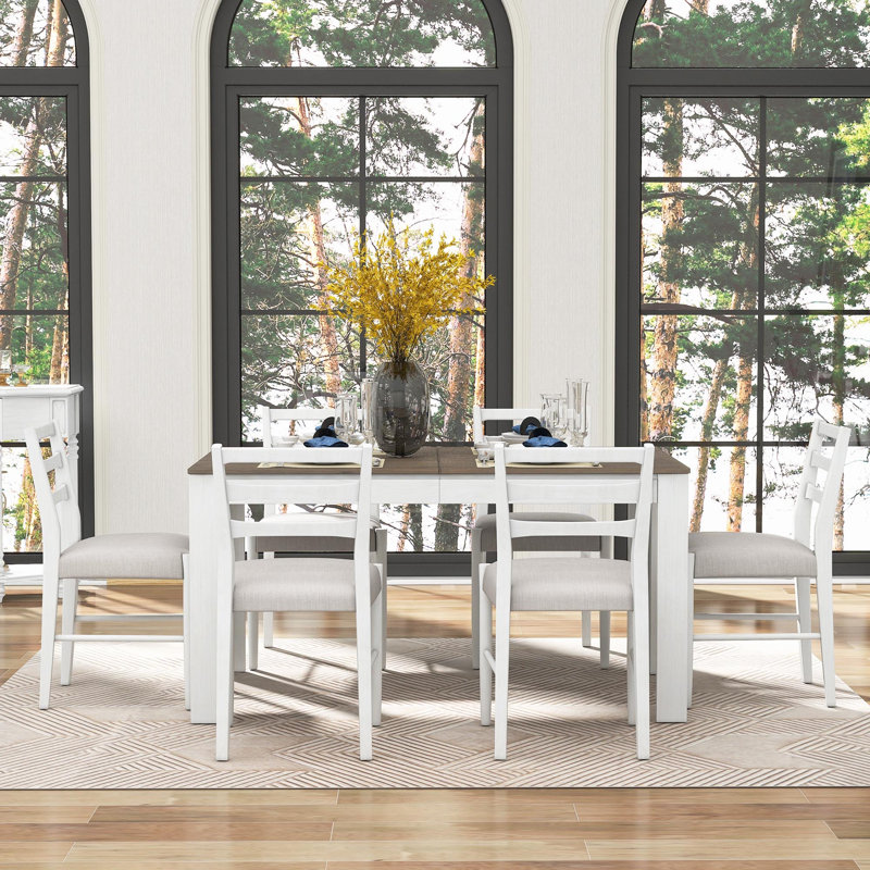 Ensemble de table de salle à manger en bois 7 pièces Farmhouse, Brun / Blanc