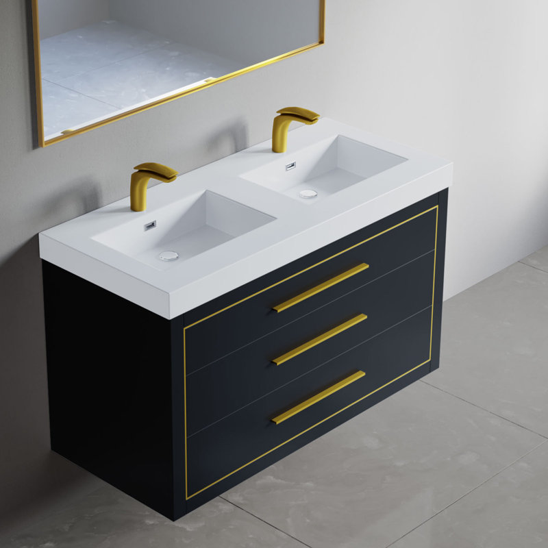 Meuble-lavabo mural double 49 po avec surface solide 49 po, Gris anthracite, Laiton