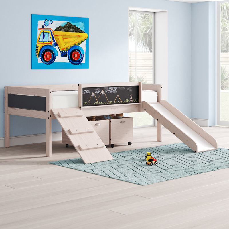 Schlemmer Twin Solid Wood Platform Loft Bed by Zoomie Kids, White Wash/Dark Gray