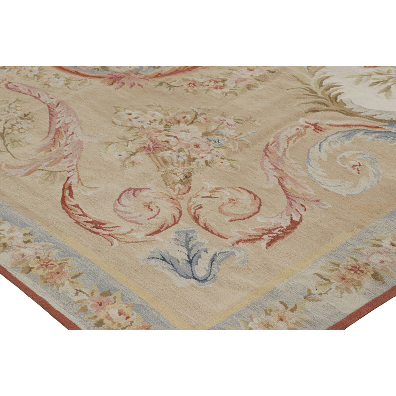 Rug & Kilim’S Aubusson Style Rug In Beige With Green And Pink Floral Medallion