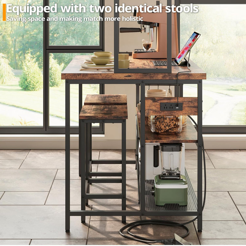 Kitchen Island with Stools, Dining Table Set with Storage and Power Outlet