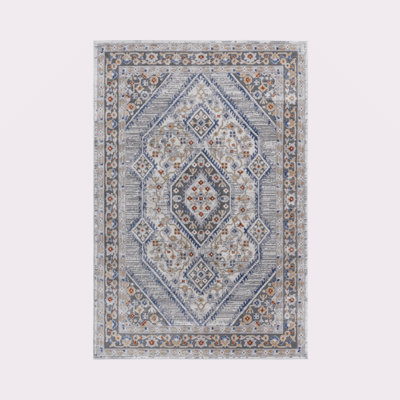 Tapis bleu / crème / bordé non délesté pour la chambre à coucher, salle à manger, bureau à domicile, élégant et résistant aux taches