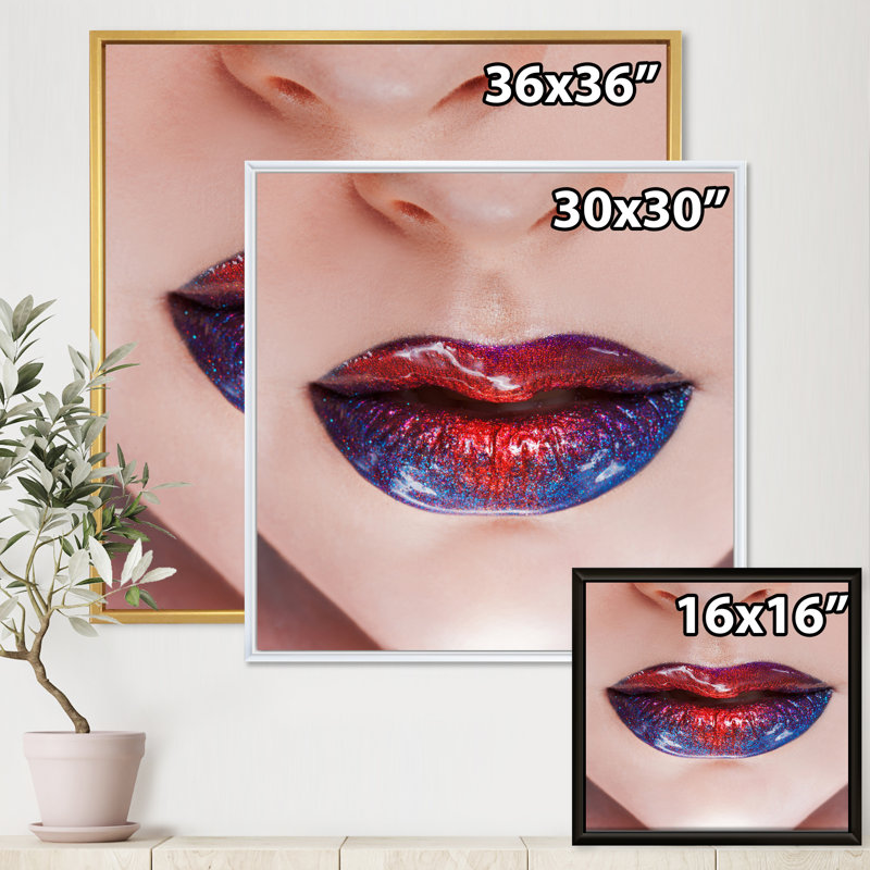 Beautiful Women Lips With Bright Lipstick - Print on Canvas, White Framed Canvas, 36" H x 36" W x 1" D