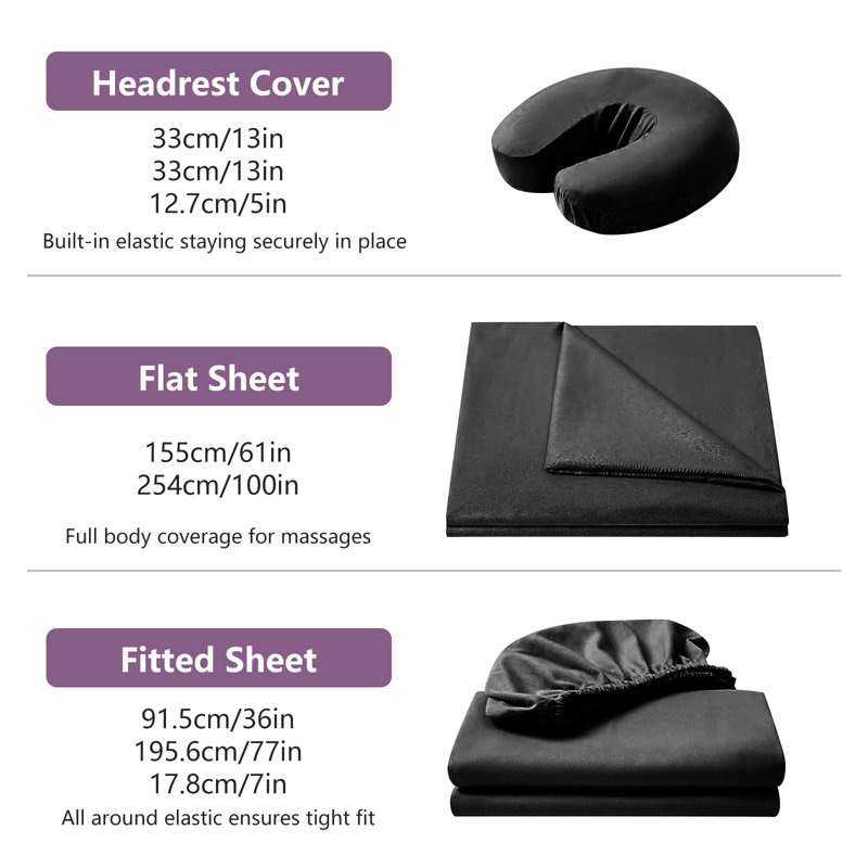 Ensemble de draps 3 pièces pour table de massage en microfibre, Noir