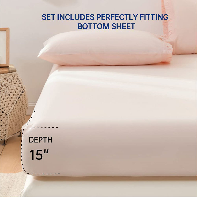 100% Cotton Sheet Set Ruffle Bed Sheets Soft French Country Vintage Bedding Set Aesthetic Farmhouse, Blush Pink