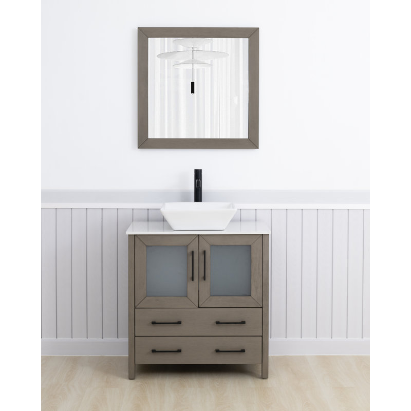 Meuble-lavabo autoportant à simple cuve 30 "avec plateau en marbre et miroir assortis Ravenna, Gris foncé, l 30 po