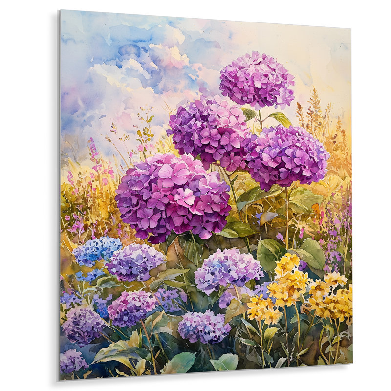 «Country Side Hydrangeas And Wildflowers II», reproduction d'art en métal traditionnelle, art mural en métal Hydrangea