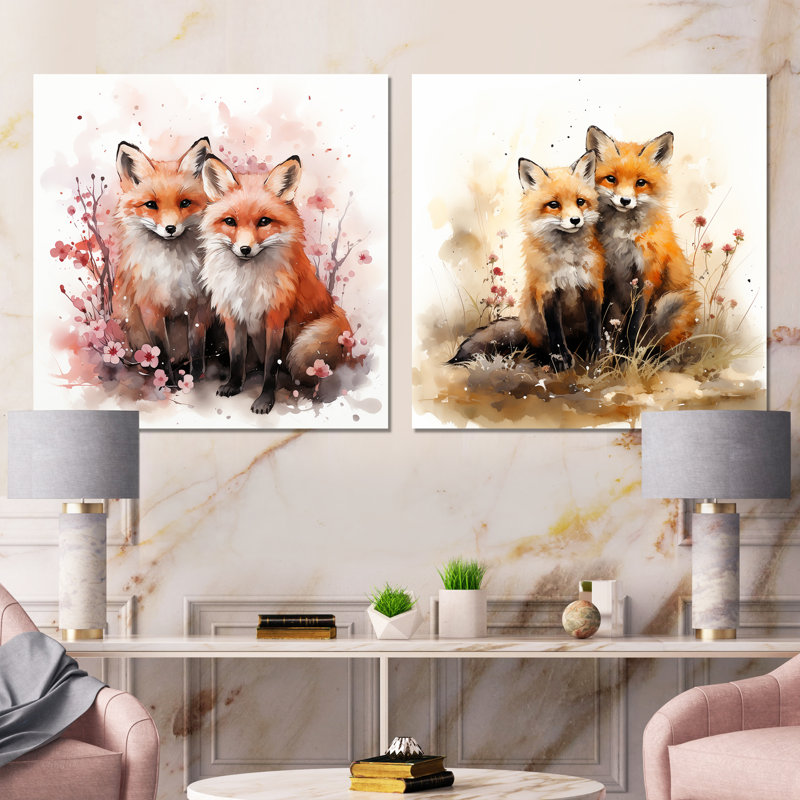 Foxs Elegant Forest Florals Grace I - Fox Metal Art Print Square Set Of 2, 36" H x 72" W