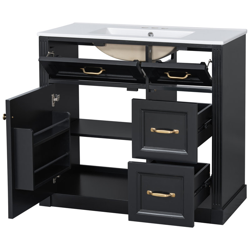 36" Bathroom Vanity With Sink, Ceramic Sink, 2 Tip-out Drawers, Soft Close Door Hinges, Matte Black