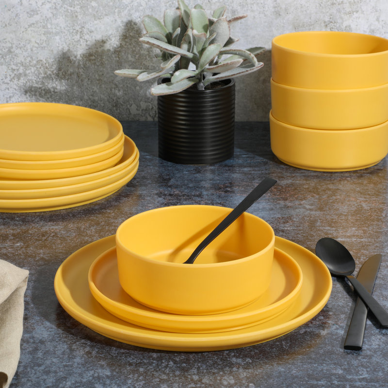 Yellow Gold Round Melamine Dinnerware Set, Service for 4