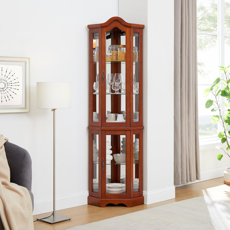 Vitrine de coin avec lumières, tablettes réglables en verre trempé, dos en miroir, vitrine, noyer (ampoule E26 non incluse)