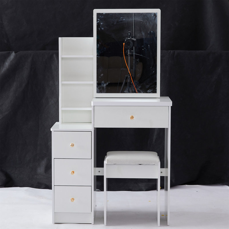 Ensemble de coiffeuse compacte avec tabouret rembourré et miroir coulissant, rangement multicouche pour les petits espaces