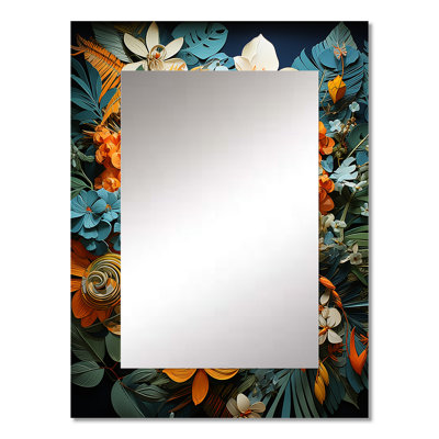 Orange Blue Tropical Tangle II - Abstract Collages Mirror, Modern Unique Wall Mirror, Printed Metal Art
