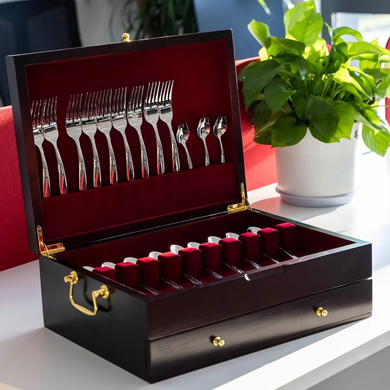 Wooden Silverware Chest without Silverware Double-layer