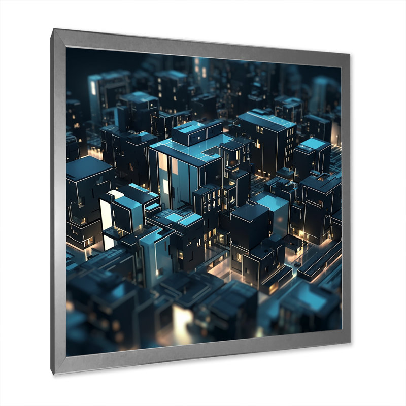 «Cityscape future architecture turquoise» sur toile, H 24 po x l 24 po x P 1 po, Cadre simple argenté